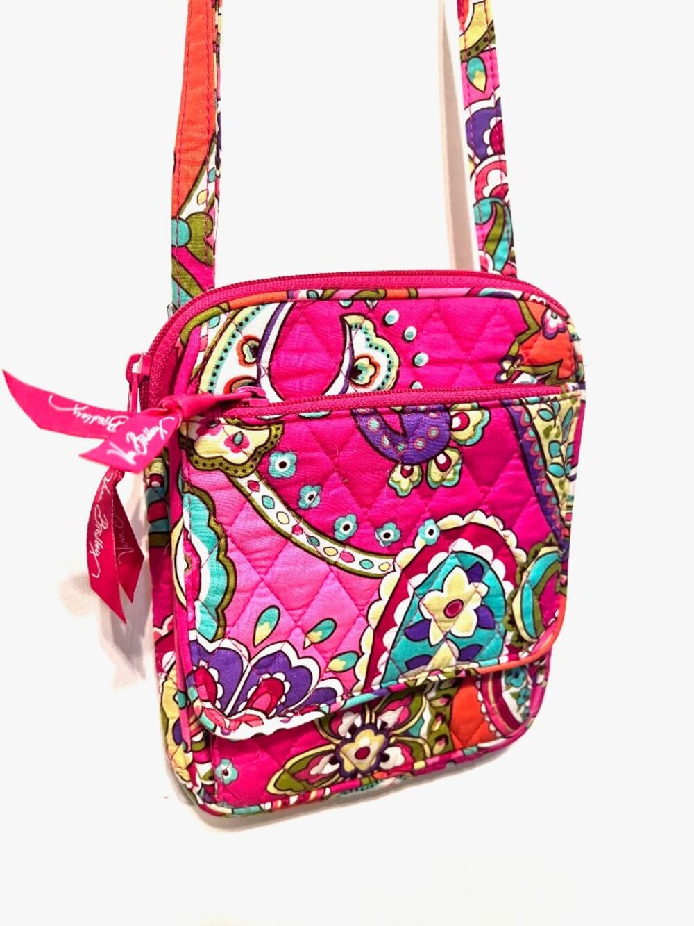Vera Bradley-Pink Floral Small Crossbody Flip Top Id Holder-Fabric-Adj. Strap